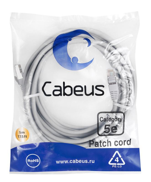 Патч-корд F/UTP кат.5E PC-FTP-RJ45-Cat.5e-5m 2xRJ45/8p8c экранир. PVC 5м сер. Cabeus 7265c