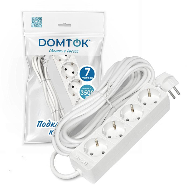 Удлинитель 4х7м с заземл. 16А IP20 3.5кВт ПВС 3х1 бел. DOMTOK 2398