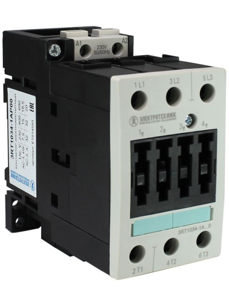 Контактор электромагнитный 3RT1034-1AP00 3п 32A кат. 230В AC 50Гц IP20 AC-3 15кВт 400В типоразмер S2 винтов. клеммы Электротехник ET014593