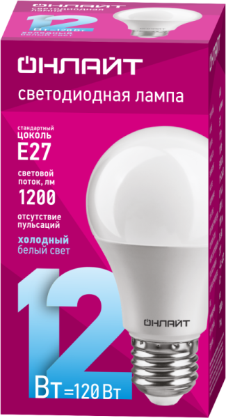 Лампа светодиодная 61 141 OLL-A60-12-230-6.5K-E27 12Вт грушевидная 6500К холод. бел. E27 1200лм 176-264В ОНЛАЙТ 61141