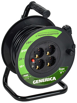 Удлинитель на катушке 4х20м 10А IP20 УК20 2P+PE 3х1 термозащита GENERICA WKP10-10-04-20-G