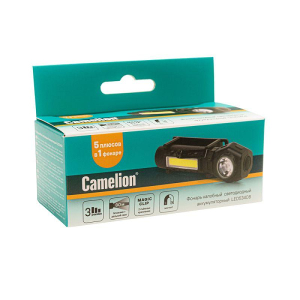 Фонарь налобный LED53408 аккум. 3.7В XPE+COB 3Вт 3 реж. магнит Type-C бокс черн. Camelion 15759