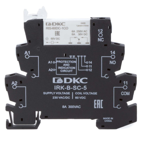Реле интерфейсное 1CO ком. ток 6А AgSnO2 напряжение 230В AC/DC винтовые клеммы DKC IRK-230UC-1CO