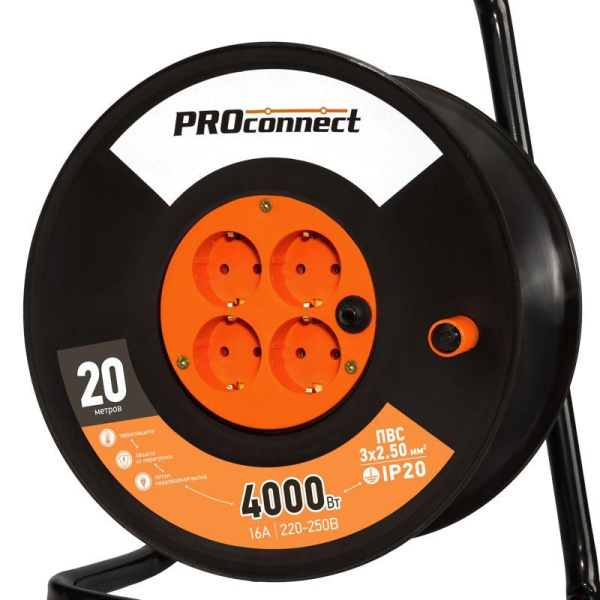 Удлинитель на катушке 4х20м с заземл. 16А IP20 Professional ПВС 3х2.5 PROCONNECT 11-7612