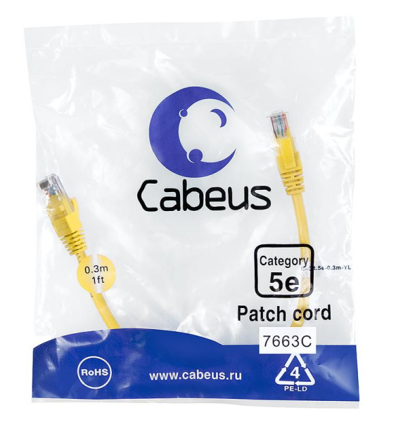 Патч-корд U/UTP кат.5E PC-UTP-RJ45-Cat.5e-0.3m-YL 2xRJ45/8p8c неэкранир. PVC 0.3м желт. Cabeus 7663c