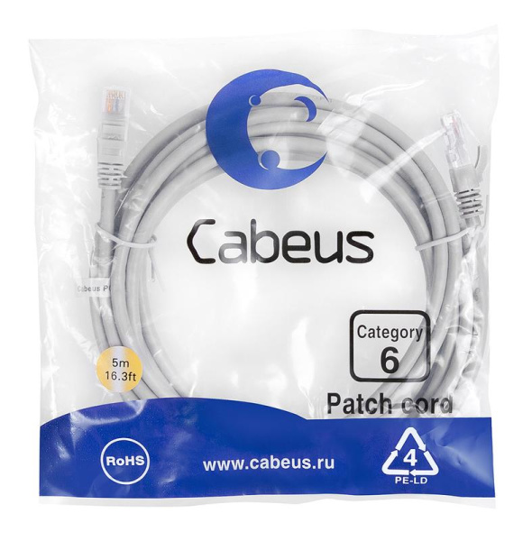 Патч-корд U/UTP кат.6 PC-UTP-RJ45-Cat.6-5m 2xRJ45/8p8c неэкранир. PVC 5м сер. Cabeus 7270c