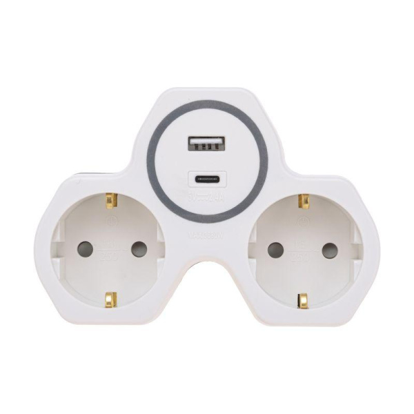 Разветвитель 2-м 16А + USB-A + USB-C с заземл. защ. шторки бел. Rexant 11-1253