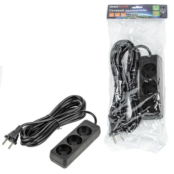 Удлинитель 3х5м без заземл. 10А Ultra S-CU3-5 BLACK черн. Uniel UL-00009985