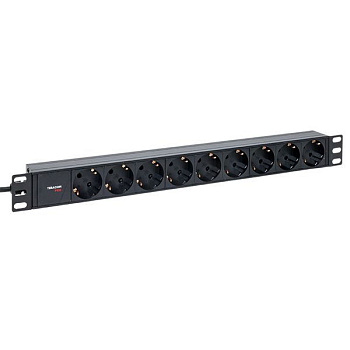 Блок PDU TERACOM PRO 19дюйм 1U 10А/250В 9 роз. Schuko шнур 2м 3х1.5кв.мм вилка C14 корпус алюм. черн. EKF TRP-HPD-10A-9SH-2MC14