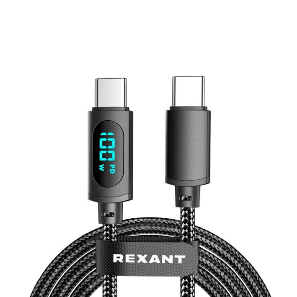 Кабель Type-C-Type-С 5А 100Вт 1м черн. нейлон. оплетка LED дисплей Rexant 18-7074
