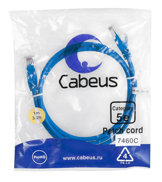 Патч-корд U/UTP кат.5E PC-UTP-RJ45-Cat.5e-1m-BL 2xRJ45/8p8c неэкранир. PVC 1м син. Cabeus 7460c