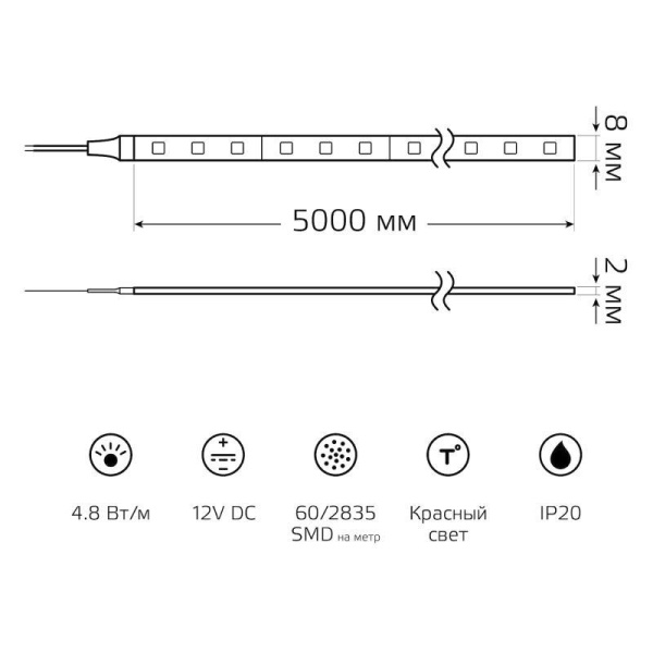 Лента светодиодная Black 2835/60-SMD 4.8Вт/м красн. IP20 210лм/м 12В (блист.5м) GAUSS 312000705