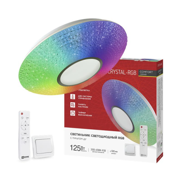 Светильник светодиодный COMFORT CRYSTAL-RGB 125Вт 3000-6500К 10000лм 230В 500х115мм с пультом ДУ IN HOME 4690612058702