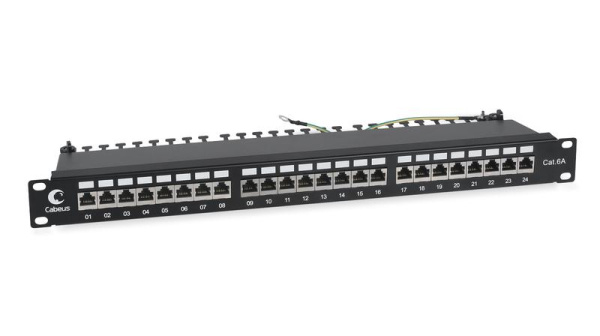 Патч-панель 19дюйм 1U 24 порта RJ45 кат.6A полностью экранир. с задн. кабельн. организатором Cabeus 7653c