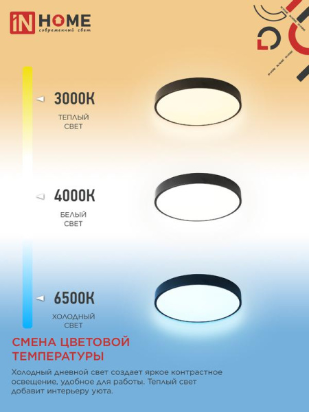 Светильник светодиодный SCANDY SIMPLE-95RCB 95Вт 3000-6500К 7600лм 230В 500х50мм с пультом ДУ черн. IN HOME 4690612057347