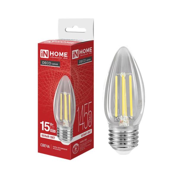 Лампа светодиодная LED-СВЕЧА-deco 15Вт свеча прозрачная 4000К E27 1455лм 230В IN HOME 4690612063300
