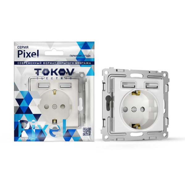 Розетка 1-м СП Pixel IP20 с заземл. с 2-мя заряд. устр. USB тип A+A механизм бел. TOKOV ELECTRIC TKE-PX-R1U2A-C01
