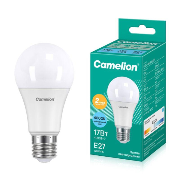 Лампа светодиодная LED17-А65/845/E27 17Вт грушевидная 4500К бел. E27 1530лм 220В Camelion 12309
