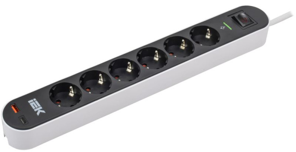 Фильтр сетевой СФ-06К 16А USB A+C 20Вт 1.5м 3х1.5кв.мм черн. IEK WFP10-16-06-01-ZKU-K02