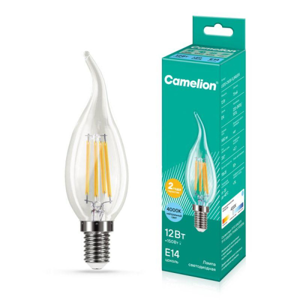 Лампа светодиодная филаментная LED12-CW35-FL/845/E14 12Вт свеча прозрачная 4500К бел. E14 220В Camelion 13711