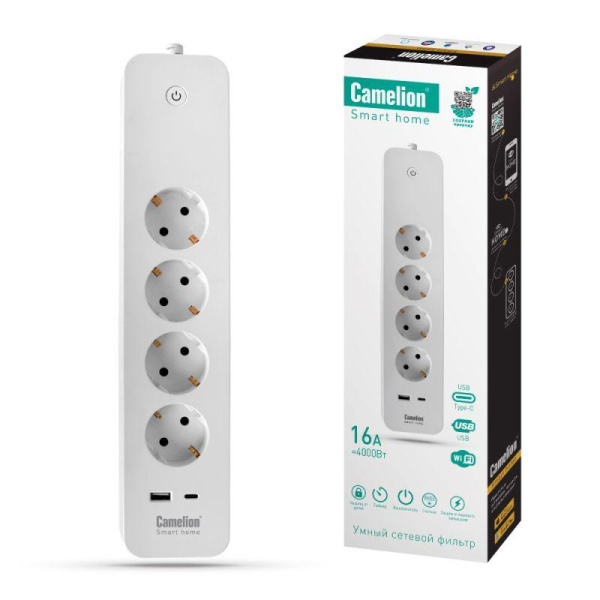 Фильтр сетевой умный Smart Home SZD/SH/4х1.5/WIFI 4гн.1.5м 16А 4000В USB+Type-С WiFi+Счетчик Camelion 14800