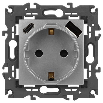 Розетка 1-м СП Elegance 14-4108-03 16А 250В 2P+E с USB type-A+C 5В-3А защ. шторки алюм. Эра Б0067741