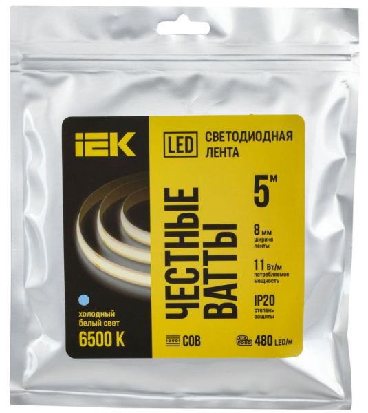 Лента светодиодная COB-480LED 11Вт/м IP20 8мм 24В 6500К (уп.5м) IEK LSR11-2-480-20-1-05