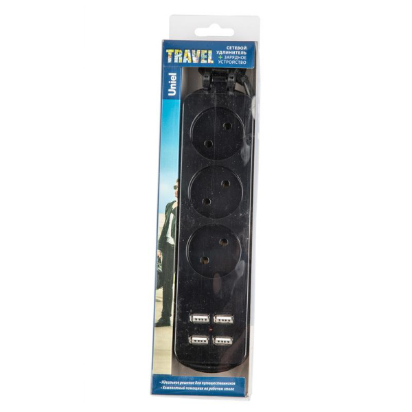 Удлинитель 3х1.8м без заземл. 10А Travel S-CT3-1.8U BLACK 4USB (31А) черн. Uniel UL-00011137