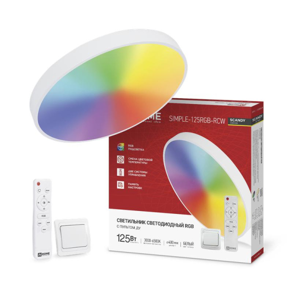Светильник светодиодный SCANDY SIMPLE-125RGB-RCW 125Вт 3000-6500К 10000лм 230В 400х50мм пульт ДУ бел. IN HOME 4690612062266