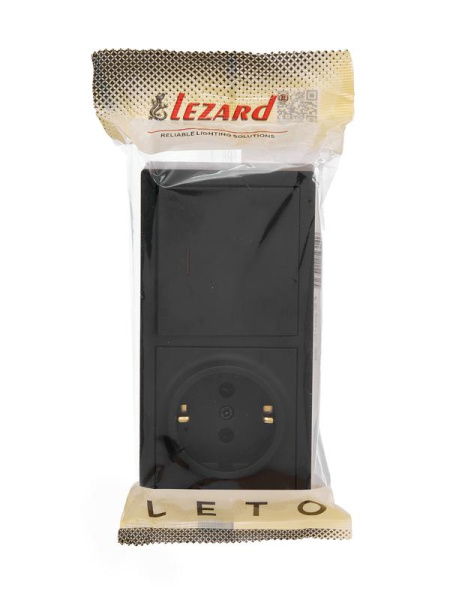 Блок ОП LETO (1-кл. выключатель с индикацией + 1-м розетка с заземл.) горизонт. черн. бархат LEZARD 752-4200-170BIP