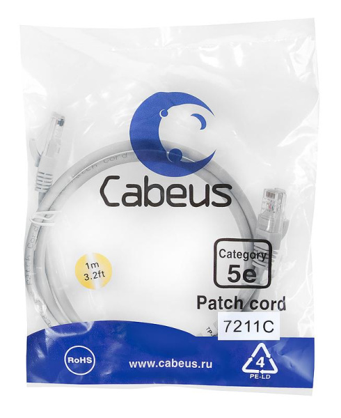 Патч-корд U/UTP кат.5E PC-UTP-RJ45-Cat.5e-1m 2хRJ45/8p8c неэкранир. PVC 1м сер. Cabeus 7211c