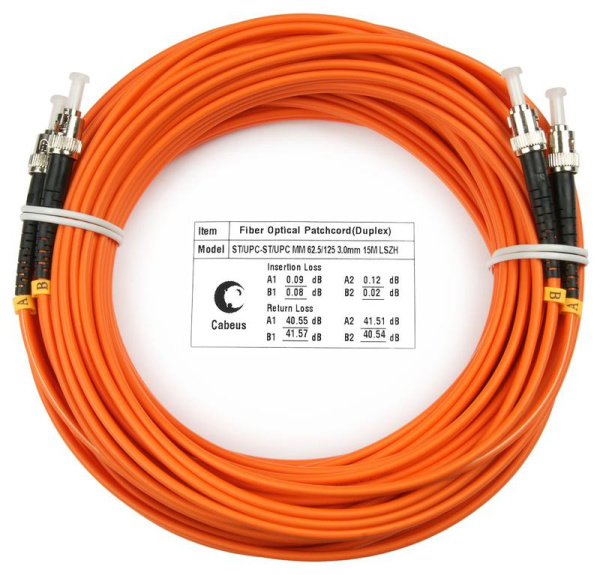 Шнур оптический duplex ST-ST 62.5/125мм 20м LSZH FOP-62-ST-ST-20m Cabeus 8446c