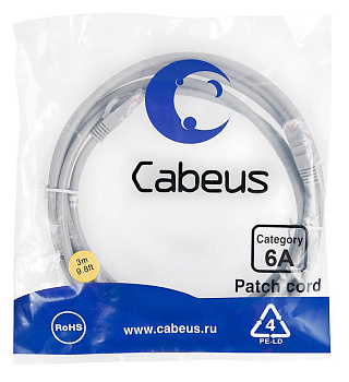Патч-корд U/UTP кат.6A PC-UTP-RJ45-Cat.6a-3m-LSZH 2xRJ45/8p8c неэкранир. LSZH (10G) 3м сер. Cabeus 7897c