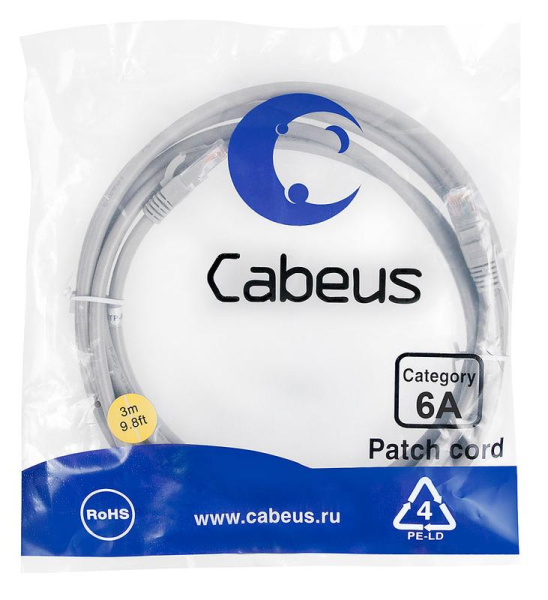 Патч-корд U/UTP кат.6A PC-UTP-RJ45-Cat.6a-3m-LSZH 2xRJ45/8p8c неэкранир. LSZH (10G) 3м сер. Cabeus 7897c