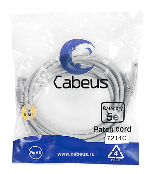 Патч-корд U/UTP PC-UTP-RJ45-Cat.5e-3m 2xRJ45/8p8c кат.5E неэкранир. PVC 3м сер. Cabeus 7214c