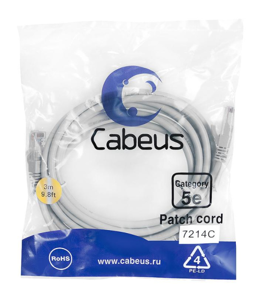 Патч-корд U/UTP PC-UTP-RJ45-Cat.5e-3m 2xRJ45/8p8c кат.5E неэкранир. PVC 3м сер. Cabeus 7214c