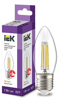 Лампа светодиодная филаментная 360° 7Вт C35 свеча 3000К E27 230В прозр. IEK LLF-C35-7-230-30-E27-CL