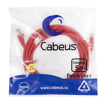 Патч-корд U/UTP кат.5E PC-UTP-RJ45-Cat.5e-5m-RD-LSZH 2xRJ45/8p8c неэкранир. LSZH 5м красн. Cabeus 9517c