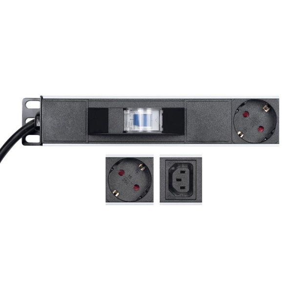 Блок распределения питания PDU 10 розеток СЕЕ 7/4 Schuko 10 розеток C13 16А автомат защиты вилка СЕЕ 7/7 вертикал. шнур 2м корпус алюм. Rexant 04-0202-2