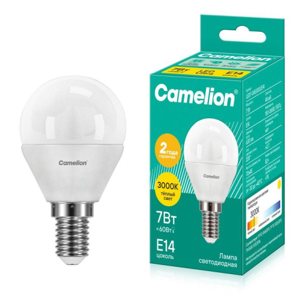 Лампа светодиодная LED7-G45/830/E14 7Вт шар матовая 3000К тепл. бел. E14 580лм 220В Camelion 12069