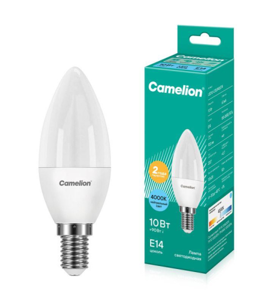 Лампа светодиодная LED10-C35/845/E14 10Вт свеча матовая 4500К бел. E14 220В Camelion 13561