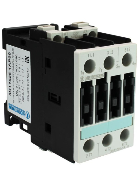 Контактор электромагнитный 3RT1025-1AP00 3п 17A кат. 230В AC 50Гц IP20 AC-3 7.5кВт 400В типоразмер S0 винтов. клеммы Электротехник ET012219