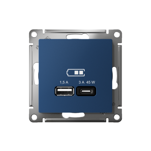 Розетка USB AtlasDesign тип A+C 45Вт высокоскор. ЗУ QC PD механизм аквамарин SE ATN001129