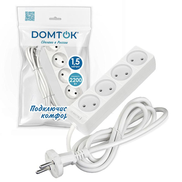 Удлинитель 4х1.5м без заземл. 10А IP20 2.2кВт ПВС 2х1 бел. DOMTOK 2354