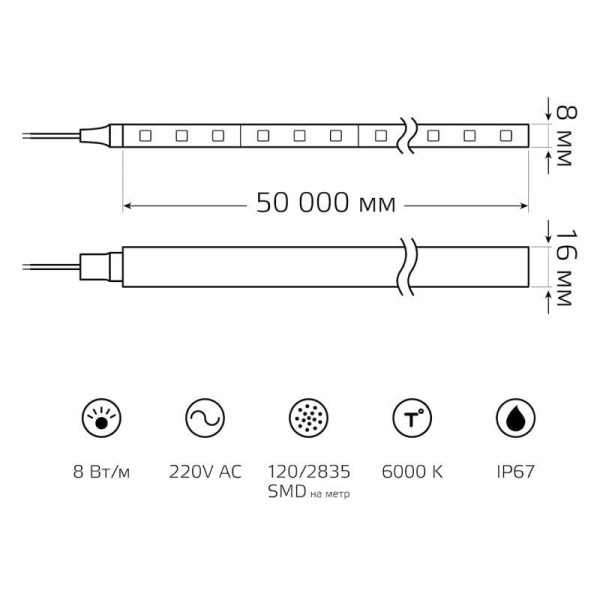 Лента светодиодная Black 2835/120-SMD 8Вт/м 6000К холод. бел. IP67 200лм/м 220В гибкий НЕОН 8х16мм (уп.50м) GAUSS 311000308