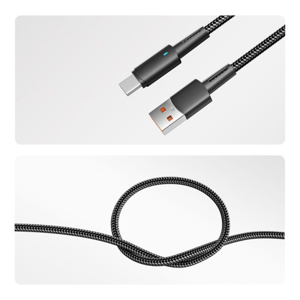 Кабель USB-A-Type-C 6А 66Вт 1м черн. нейлон. оплетка световая индикация Rexant 18-7064
