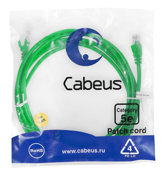 Патч-корд U/UTP кат.5E PC-UTP-RJ45-Cat.5e-3m-GN-LSZH 2xRJ45/8p8c неэкранир. LSZH 3м зел. Cabeus 9508c