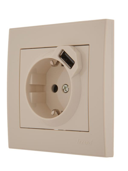 Розетка 1-м СП Rain 16А с заземл. + USB разъем крем. LEZARD 703-0303-181