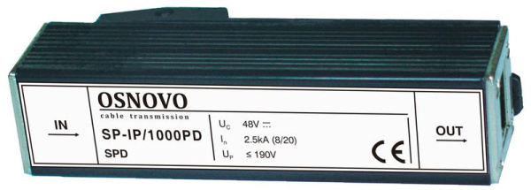 Устройство грозозащиты SP-IP/1000PD для локал. вычислит. сети (скорость до 1000Мбит/с) с защит. линий PoE OSNOVO 11337