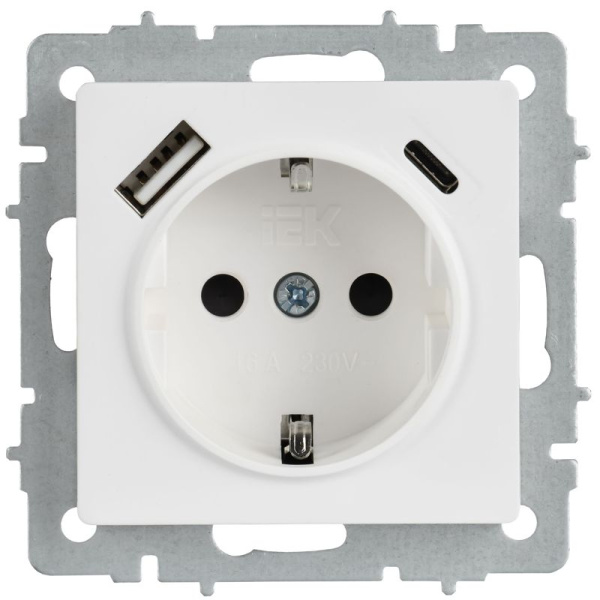 Розетка BRITE РЮш11-1-БрАБ 16А с USB A+C 18Вт с заземл. защ. шторки механизм арктич. бел. IEK BR-R14-16-U22-018-K91